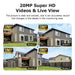 GPS security camera video infographic showing four 5MP Ultra HD views of a house for detailed monitoring and live viewing