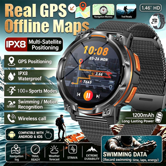 Outdoor GPS tactical smartwatch infographic showing offline maps, IPX8 waterproofing, sports modes, swimming data, and 1200mAh battery