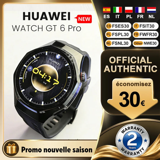 Huawei Watch GT 6 Pro smartwatch with black strap, AMOLED display, official authentic badge, seasonal promotion and two year warranty seal