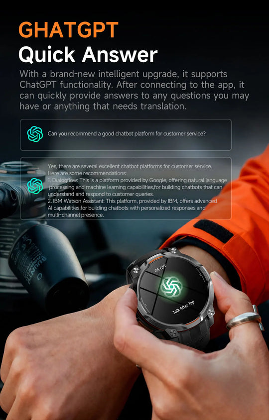 Black tactical smartwatch displaying a ChatGPT quick answer screen while held outdoors, with a rugged black design and orange sleeve visible