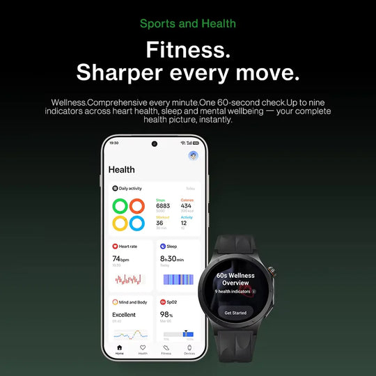 OnePlus smartwatch beside a smartphone displaying health metrics including heart rate, sleep, blood oxygen, steps and calories
