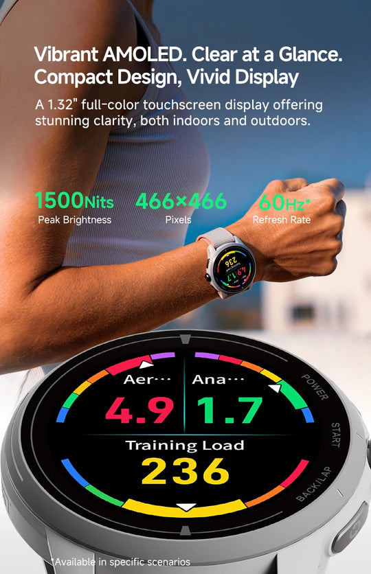 GPS VeRun sports smartwatch with AMOLED display details and colorful training load metrics showing 4.9, 1.7 and 236