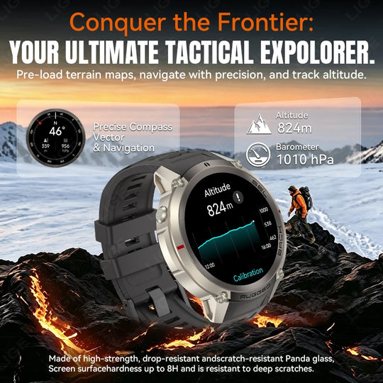 Rugged GPS smartwatch displaying altitude 824m beside mountain terrain with compass navigation and barometer readings for outdoor exploration