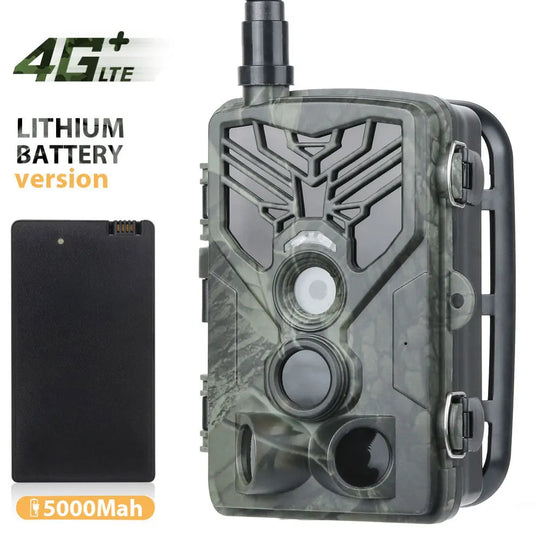 4G LTE camouflage trail camera with external antenna, dual front lenses, and separate 5000mAh lithium battery
