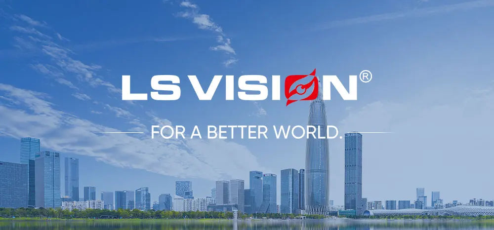 LS VISION logo and For a Better World slogan displayed over a modern city skyline with blue sky and waterfront landscape from GPS