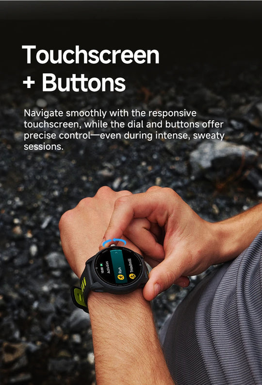 Infographic showing a person using a GPS sports watch with a touchscreen and side buttons during an outdoor workout