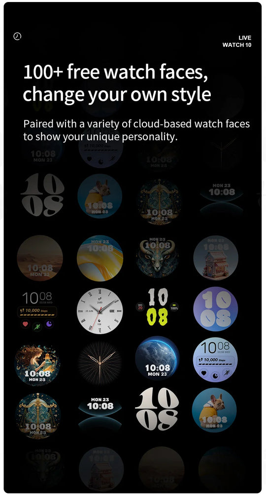 Promotional graphic displaying over 100 customizable smartwatch faces in colorful analog and digital designs