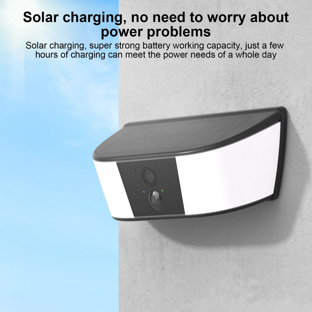 GPS solar camera wall light mounted on a wall, featuring a curved solar panel, integrated security camera, and bright white outdoor light housing