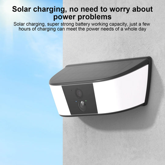 GPS solar camera wall light mounted on a wall, featuring a curved solar panel, integrated security camera, and bright white outdoor light housing