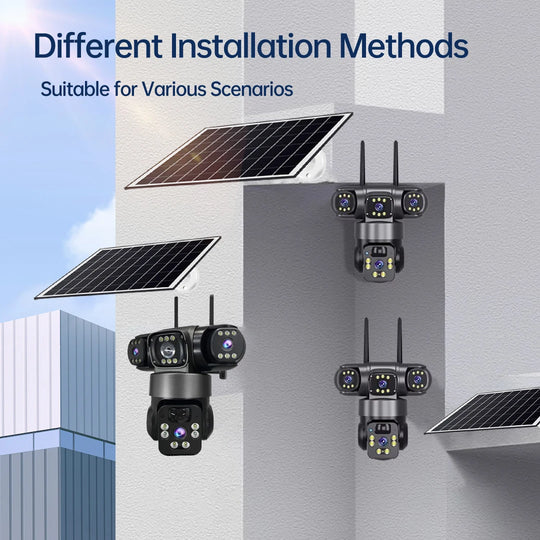 GPS solar outdoor security cameras shown in different installation methods, with triple lenses, dual antennas, and adjustable solar panels for varied surveillance locations