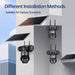 GPS solar outdoor security cameras shown in different installation methods, with triple lenses, dual antennas, and adjustable solar panels for varied surveillance locations