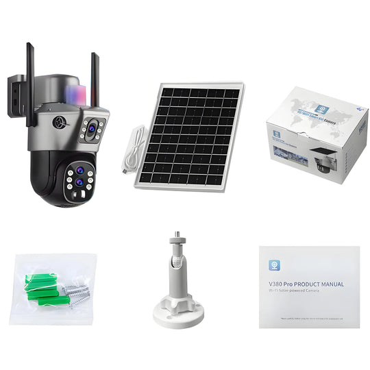 GPS solar outdoor surveillance camera kit with dual antenna PTZ camera, solar panel, mounting bracket, screws, product box, and user manual.