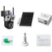 GPS solar outdoor surveillance camera kit with dual antenna PTZ camera, solar panel, mounting bracket, screws, product box, and user manual.