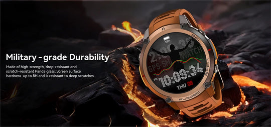 GPS rugged military grade smartwatch with round display and brown strap shown against volcanic rock