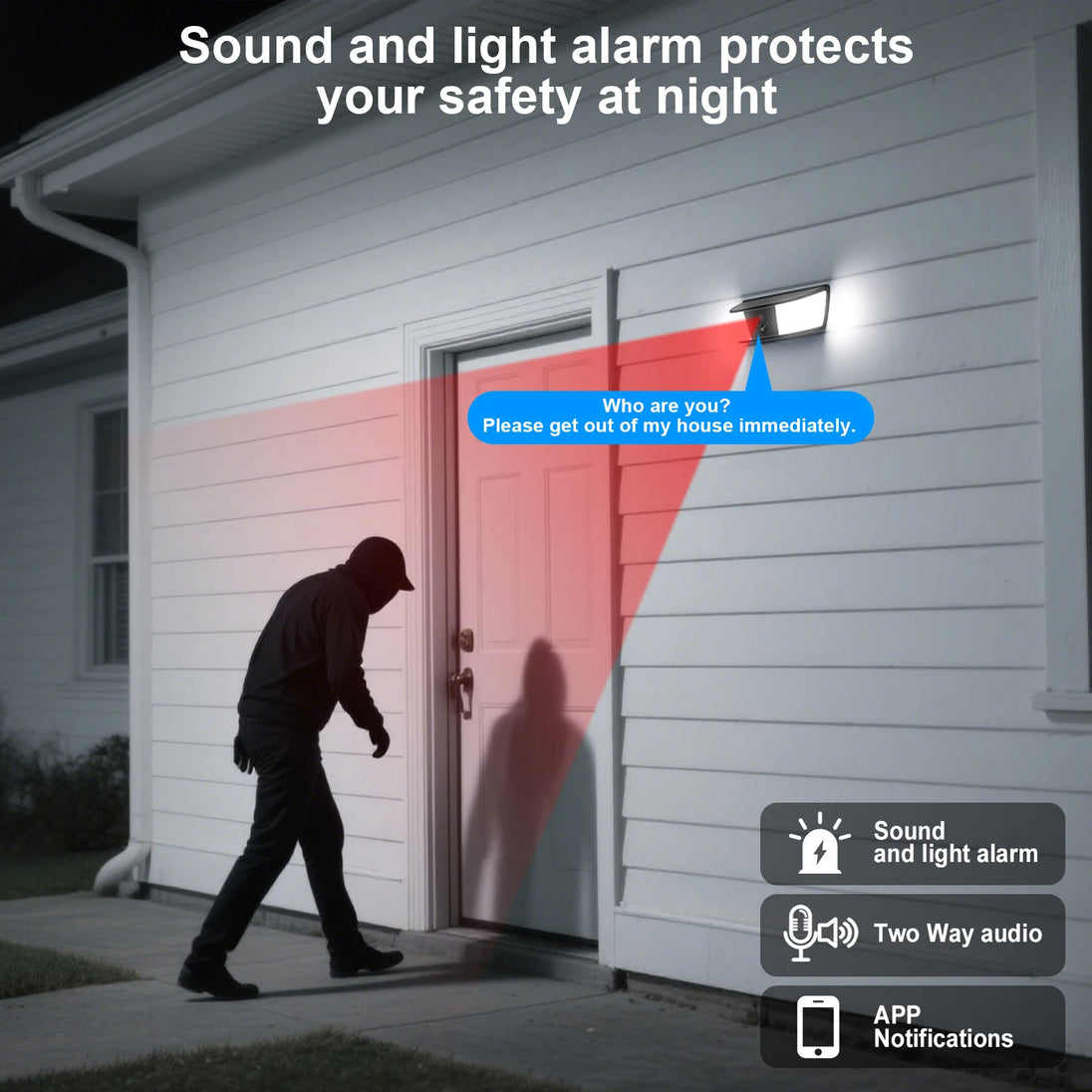 GPS outdoor security camera wall light illuminating a home entrance at night with red and white warning lights, two way audio, sound alarm, and app notifications shown.