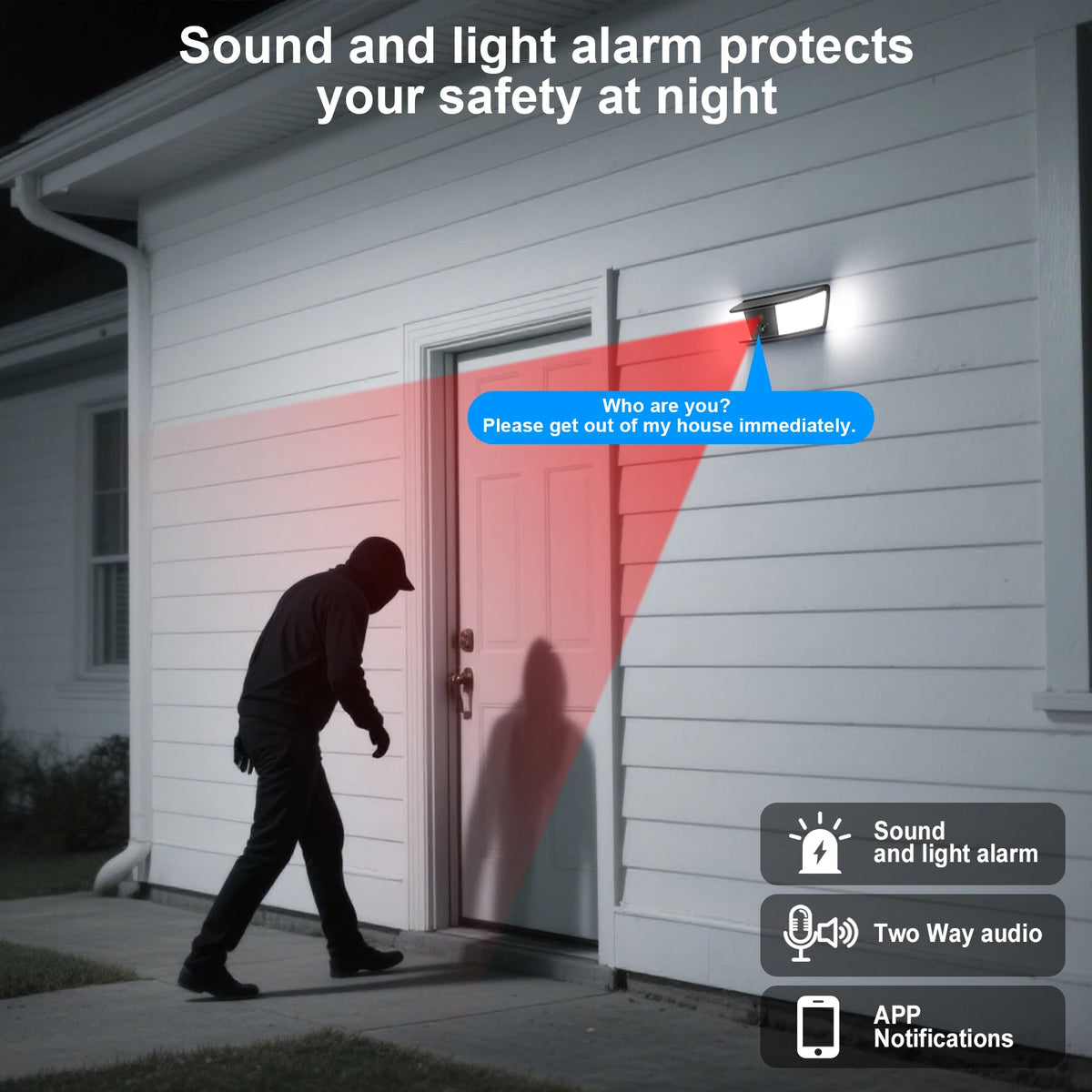 GPS outdoor security camera wall light illuminating a home entrance at night with red and white warning lights, two way audio, sound alarm, and app notifications shown.