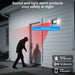 GPS outdoor security camera wall light illuminating a home entrance at night with red and white warning lights, two way audio, sound alarm, and app notifications shown.