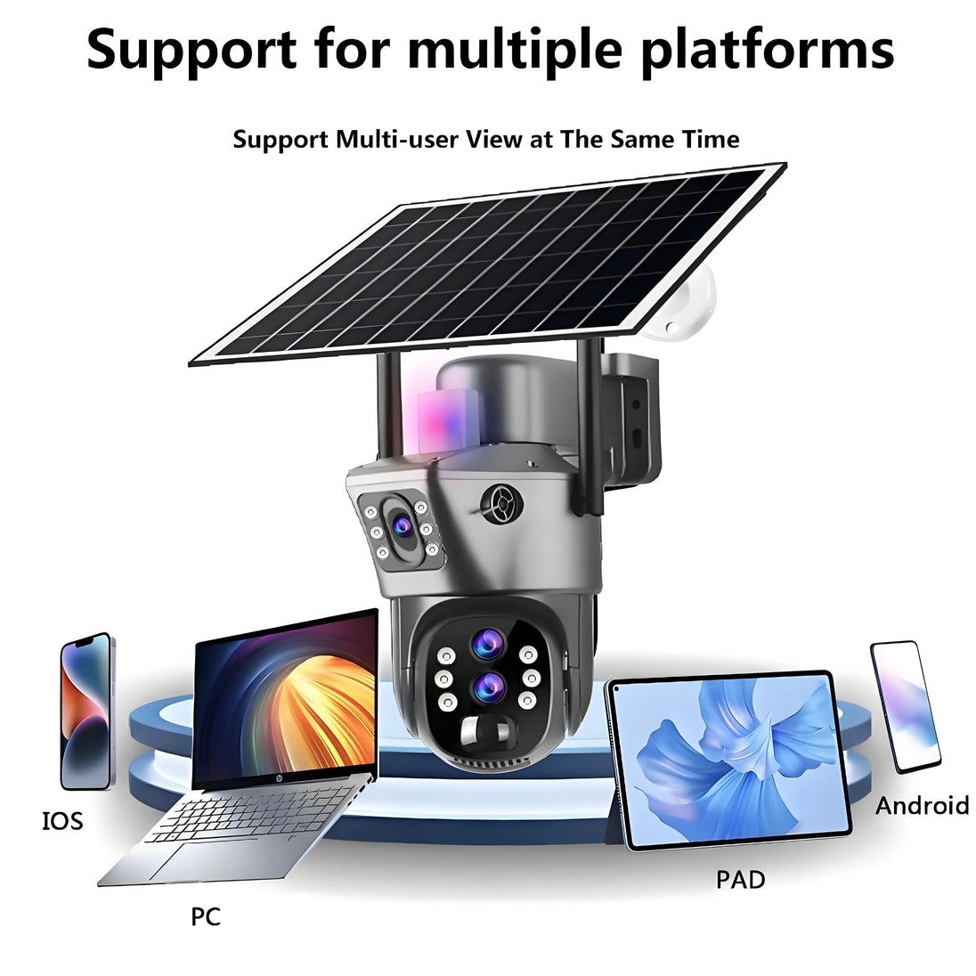 GPS solar outdoor surveillance camera with solar panel supporting simultaneous viewing on iOS, Android, PC, and tablet devices