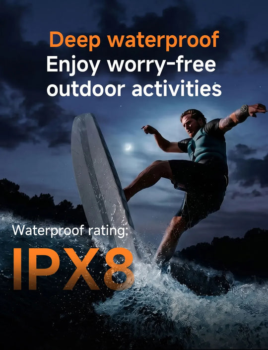 Promotional graphic showing a person wakeboarding at night with text highlighting deep waterproofing and an IPX8 rating