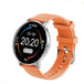 Round silver smartwatch with orange silicone band and touch screen displaying time, date, steps, heart rate, and weather icons