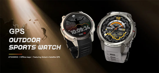 GPS outdoor sports smartwatch banner showing two rugged round watches with black and gray bands and digital displays