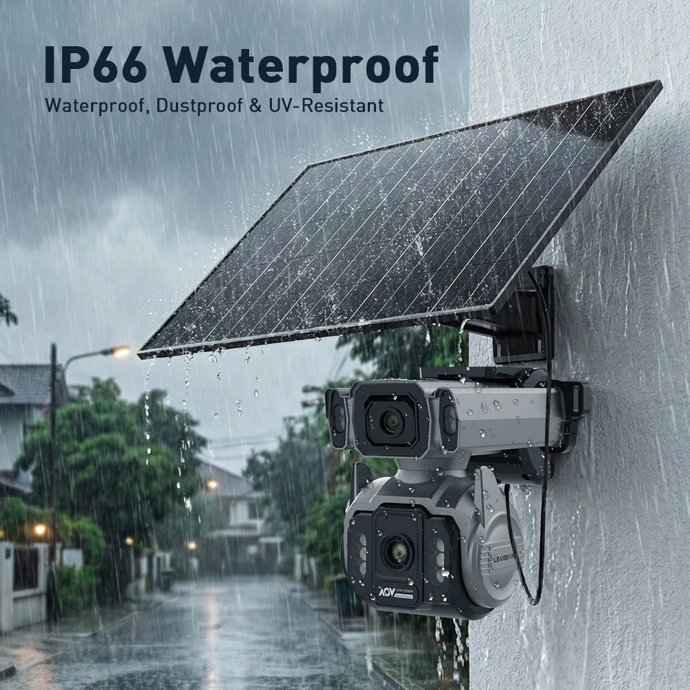 GPS outdoor surveillance camera with dual lenses and solar panel mounted on a wall in heavy rain with IP66 waterproof text
