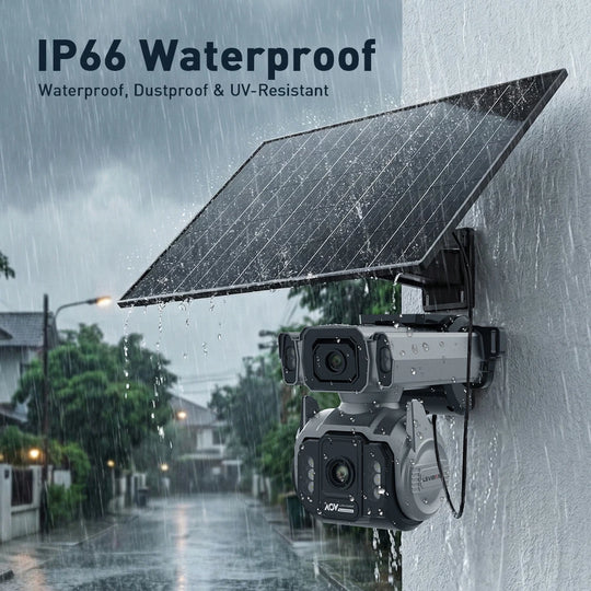 GPS outdoor surveillance camera with dual lenses and solar panel mounted on a wall in heavy rain with IP66 waterproof text