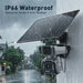 GPS outdoor surveillance camera with dual lenses and solar panel mounted on a wall in heavy rain with IP66 waterproof text