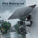 GPS outdoor surveillance camera with dual lenses and solar panel mounted on a wall in heavy rain with IP66 waterproof text