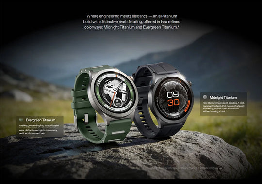 OnePlus Watch 4 smartwatches in green and black titanium finishes displayed on a rocky landscape