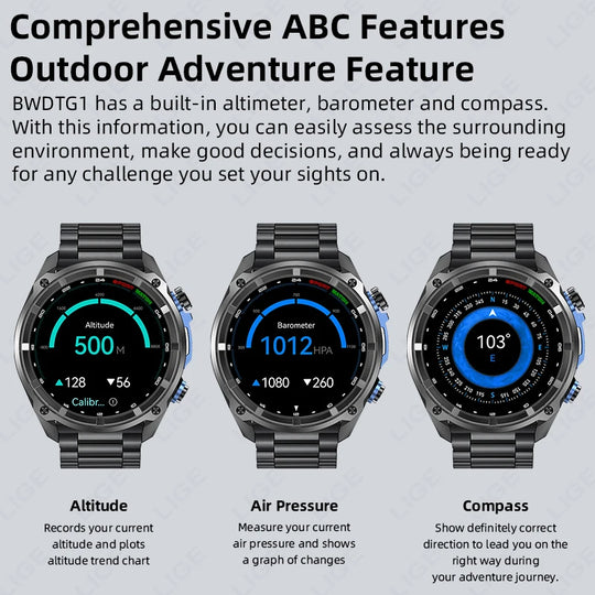 Outdoor smartwatch feature infographic showing altitude, air pressure, and compass displays with explanatory labels