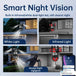 GPS outdoor security camera infographic showing white light and infrared night vision, dual light coverage, human detection, and smartphone security alerts at night