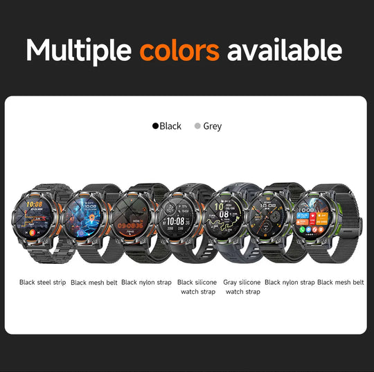 Tactical GPS smartwatch shown in seven black and grey strap options including steel mesh nylon and silicone styles