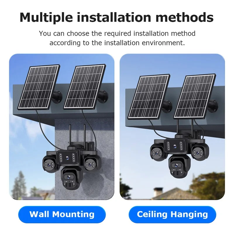 GPS solar security camera installation infographic showing wall mounting and ceiling hanging options, each with dual solar panels and a four lens outdoor camera