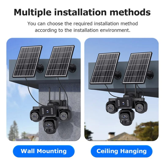 GPS solar security camera installation infographic showing wall mounting and ceiling hanging options, each with dual solar panels and a four lens outdoor camera