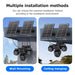 GPS solar security camera installation infographic showing wall mounting and ceiling hanging options, each with dual solar panels and a four lens outdoor camera