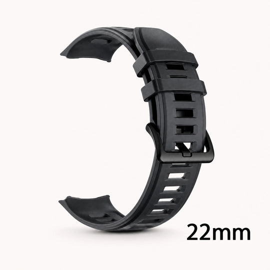 Black 22 mm silicone smartwatch band with adjustable buckle and multiple sizing holes for GPS outdoor watches