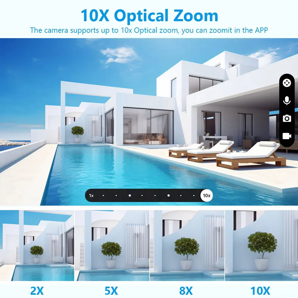 GPS security camera optical zoom comparison infographic showing app views at 2X, 5X, 8X, and 10X for monitoring a modern poolside property