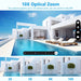 GPS security camera optical zoom comparison infographic showing app views at 2X, 5X, 8X, and 10X for monitoring a modern poolside property
