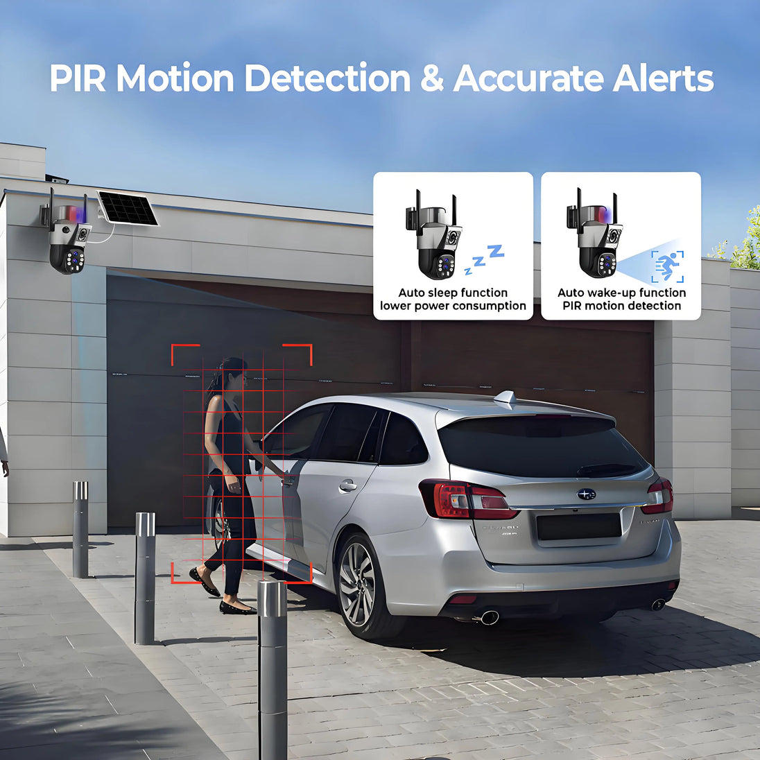 GPS solar outdoor security camera mounted beside a driveway, illustrating PIR motion detection with automatic sleep and wake functions for accurate alerts during vehicle and person activity