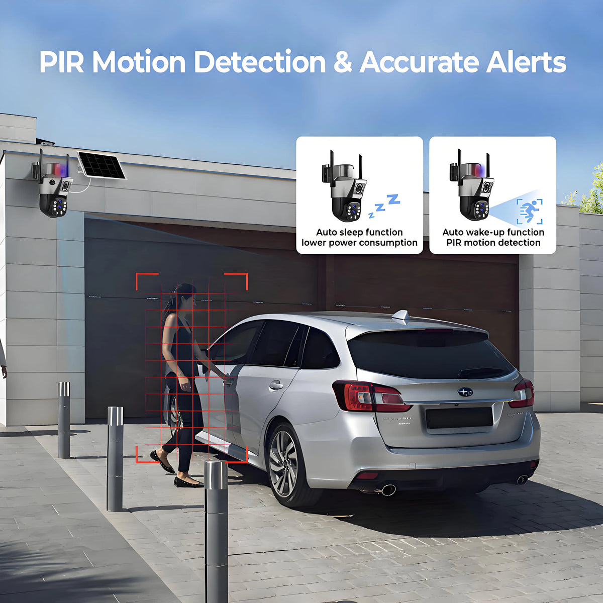 GPS solar outdoor security camera mounted beside a driveway, illustrating PIR motion detection with automatic sleep and wake functions for accurate alerts during vehicle and person activity