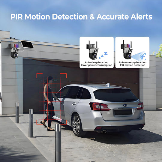 GPS solar outdoor security camera mounted beside a driveway, illustrating PIR motion detection with automatic sleep and wake functions for accurate alerts during vehicle and person activity