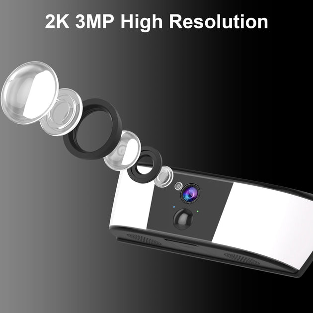 GPS 2K 3MP solar camera wall light shown with an exploded view of its lens assembly, camera lens, sensor, and white housing against a dark background