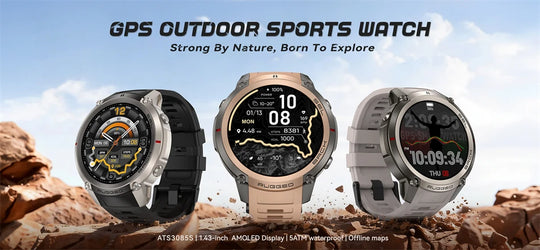 Three rugged GPS outdoor sports smartwatches with round displays shown against a rocky mountain landscape by GPS