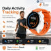 Orange fitness smartwatch infographic showing daily activity tracking, steps, distance, calories, active minutes, and seven day battery life