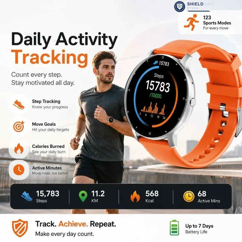Orange fitness smartwatch infographic showing daily activity tracking, steps, distance, calories, active minutes, and seven day battery life