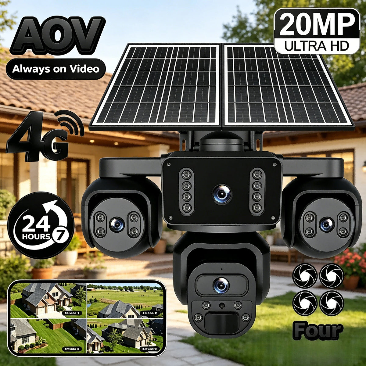 GPS outdoor solar security camera with four lenses, dual solar panels, 4G connectivity, night vision, and 24 hour monitoring shown in a residential setting with surveillance views