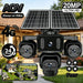 GPS outdoor solar security camera with four lenses, dual solar panels, 4G connectivity, night vision, and 24 hour monitoring shown in a residential setting with surveillance views