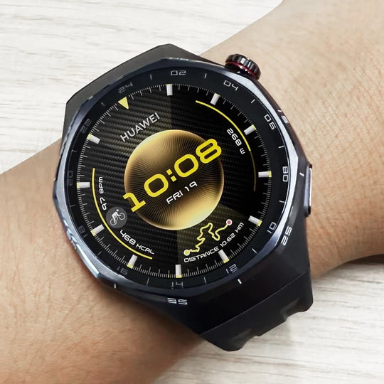 HUAWEI GPS smartwatch with a black case worn on the wrist, displaying 10:08, date, distance and fitness metrics