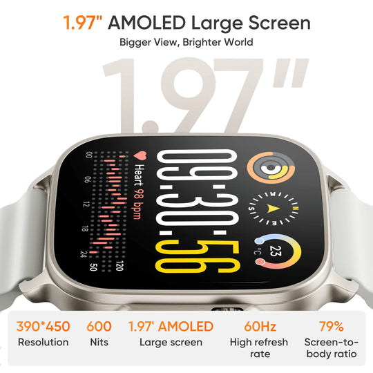 Feature graphic of a smartwatch with 1.97 inch AMOLED display, 390 by 450 resolution, 600 nits brightness and 60Hz refresh rate
